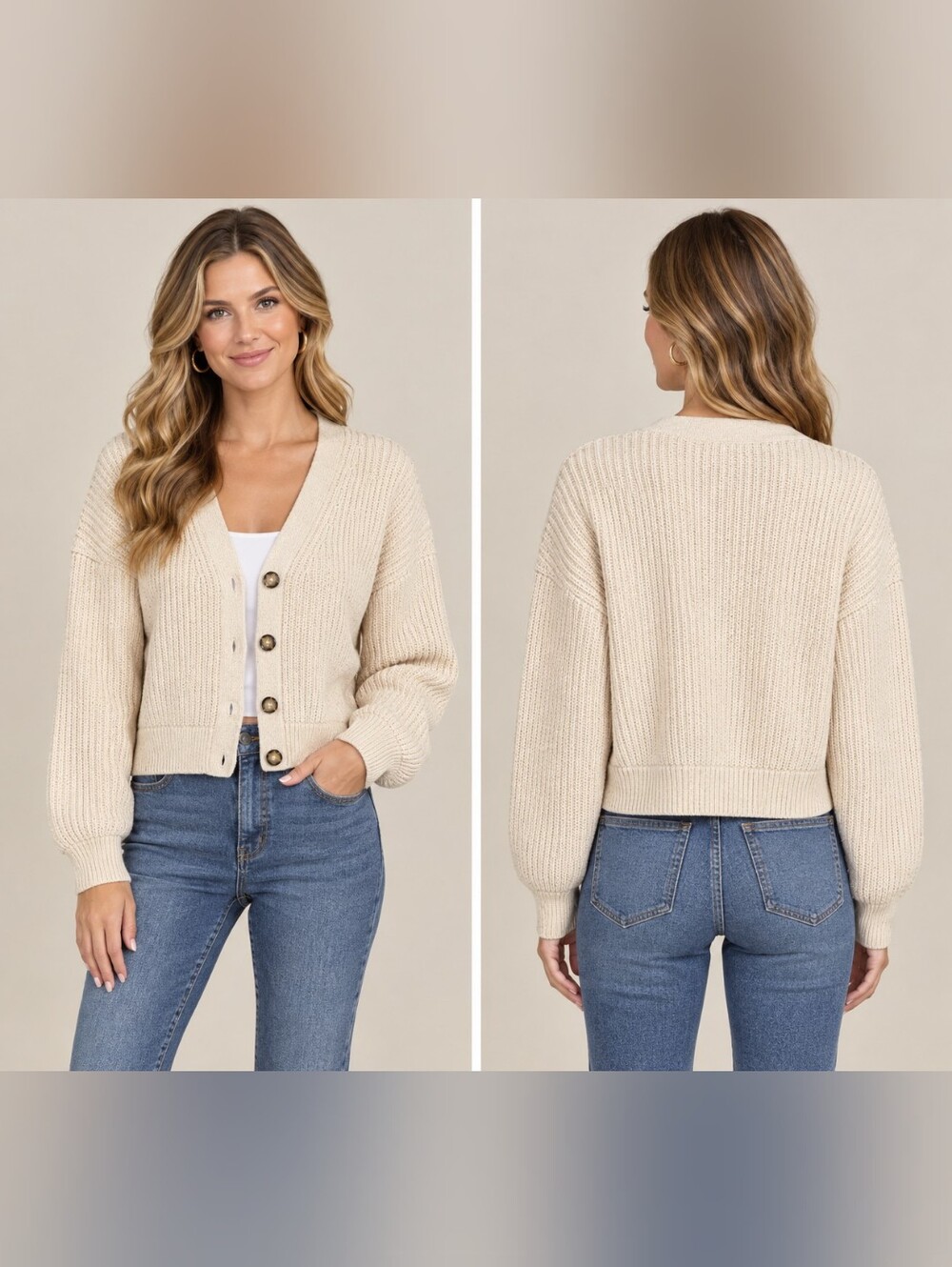 H&M Cream Ribbed Cropped Button Cardigan XS